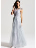 Gray Tulle Chiffon Beads Cap Sleeves Long Prom Dress